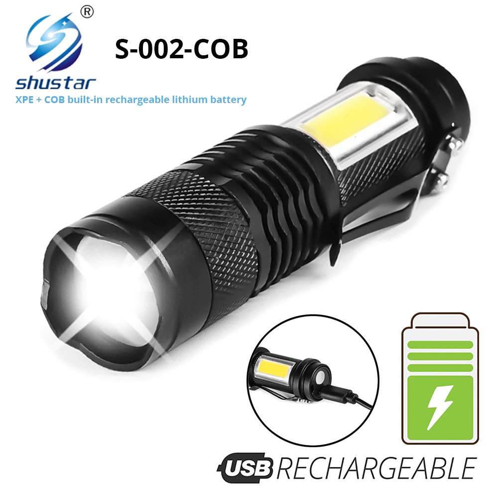 Shustar Senter LED Mini Flashlight USB Rechargerable XPE + COB - S-002 - Black