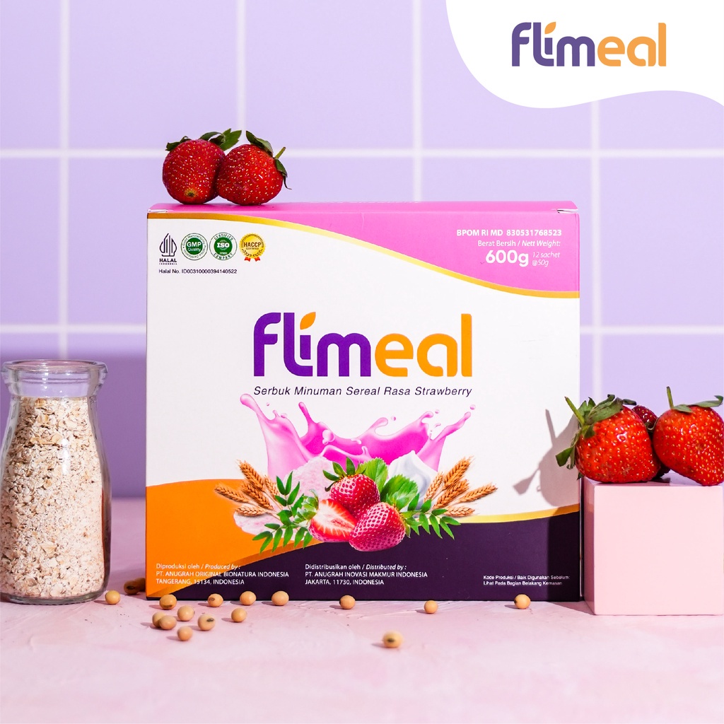 Flimeal (Meal Replacement) - 1 Box (Isi 12 Sachet) - Strawberry Surabaya