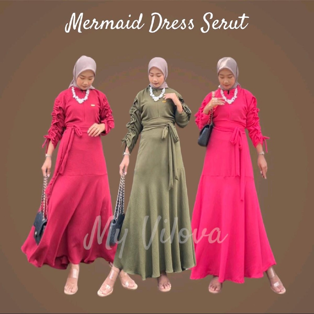 Mermaid Dress Lengan Serut M L XL Premium Crinkle Airflow Gamis Mermaid Belt Terpisah Dress Lebaran Terbaru Dress Kondangan