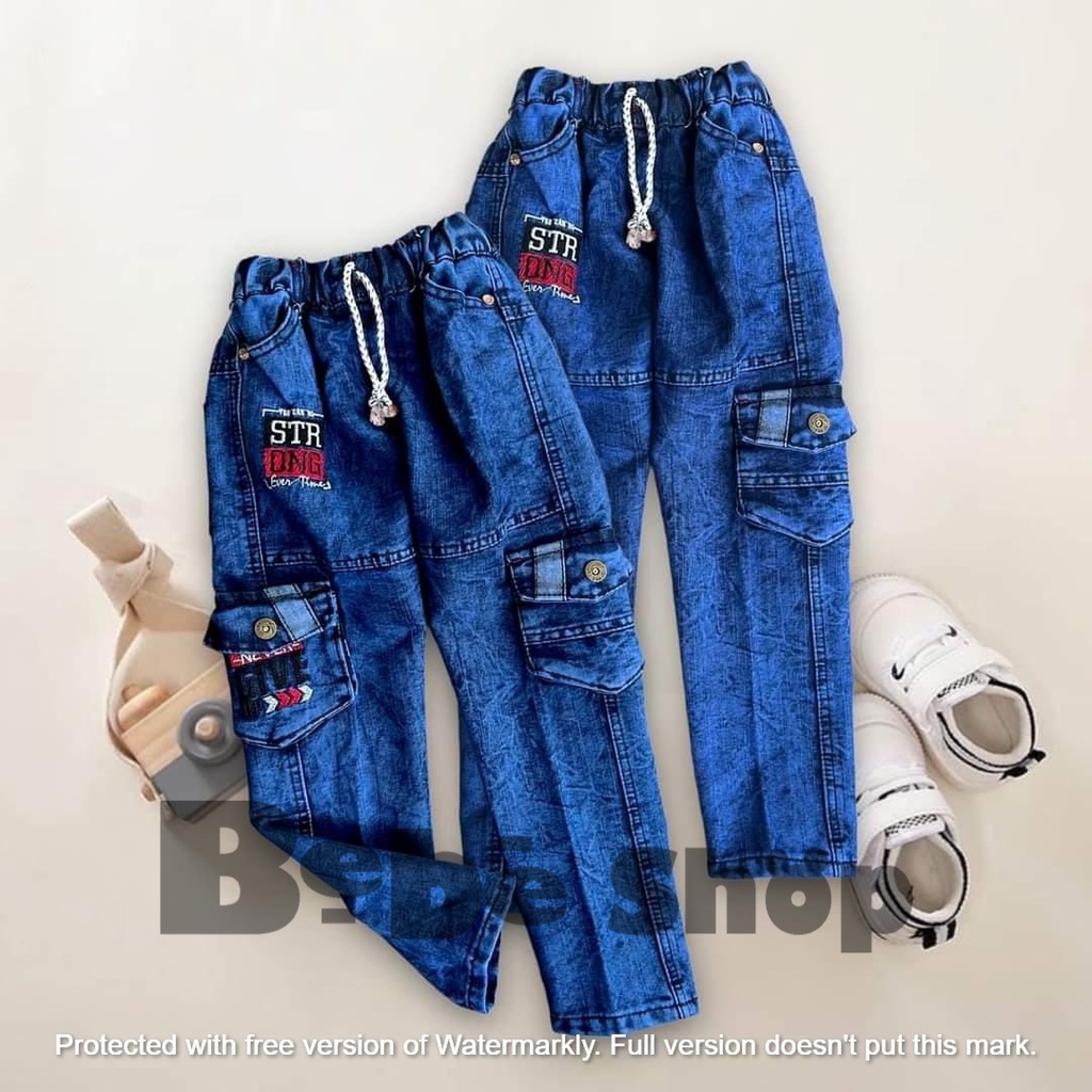 Celana Jeans cargo anak laki-laki bahan denim warna hitam usia 3  sampai 12 tahun