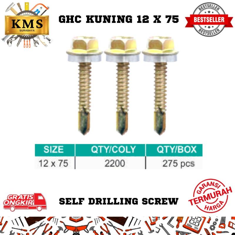 Baut SDS Roofing Drill Kayu Galvalum Baja Ringan Kuning GHC 12x75 ( Self Drilling Screw )