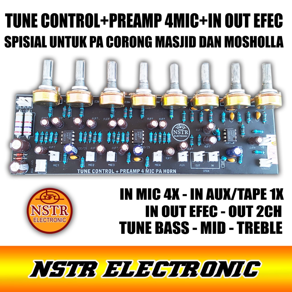 TUNE CONTROL BASS MID TREBLE +PREAMP 4MIC + AUX IN+ IN OUT EFEC UNTUK AMPLI CORONG TOA