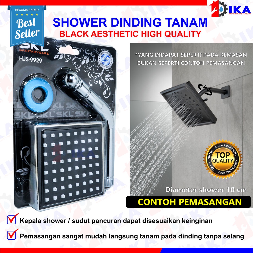 Homeneeds Kepala Shower Mandi Bentuk Kotak Hitam / Head Shower Wall Shower Rainfall Pipa Dan Kepala Shower Hujan Wall Shower Tanam Kotak Premium - 1/2 Inch
