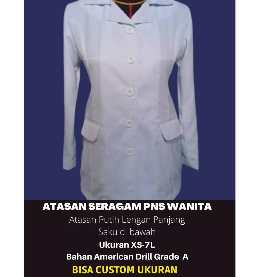 TJT.11Fe23p ◦ Atasan Seragam PNS Wanita PDH Pemda Putih Lengan Panjang Ukuran XS-7L Saku di Bawah