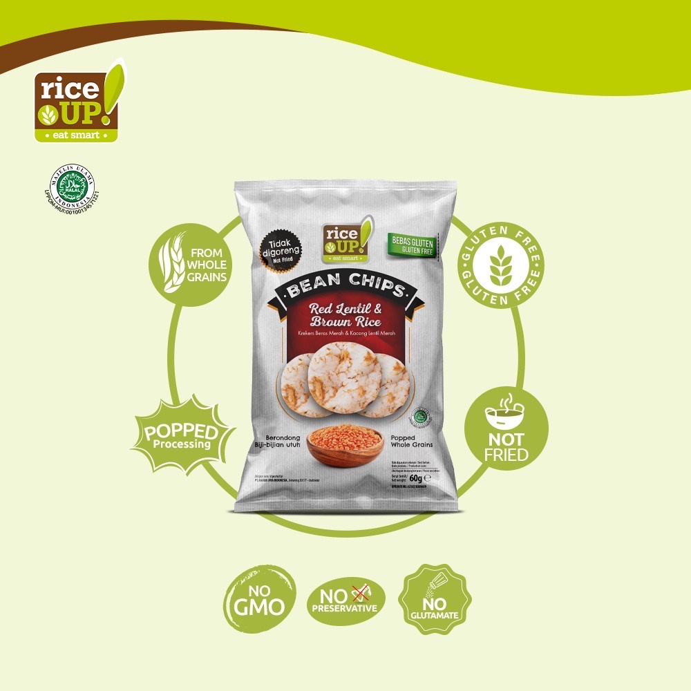 RICE UP Bean Chips 60g - Krekers Beras Merah - Wholegrain Brown Rice Chips - Cemilan Gluten Free - Keripik Sehat Riceup! - Crackers Riceup - Rice Up!