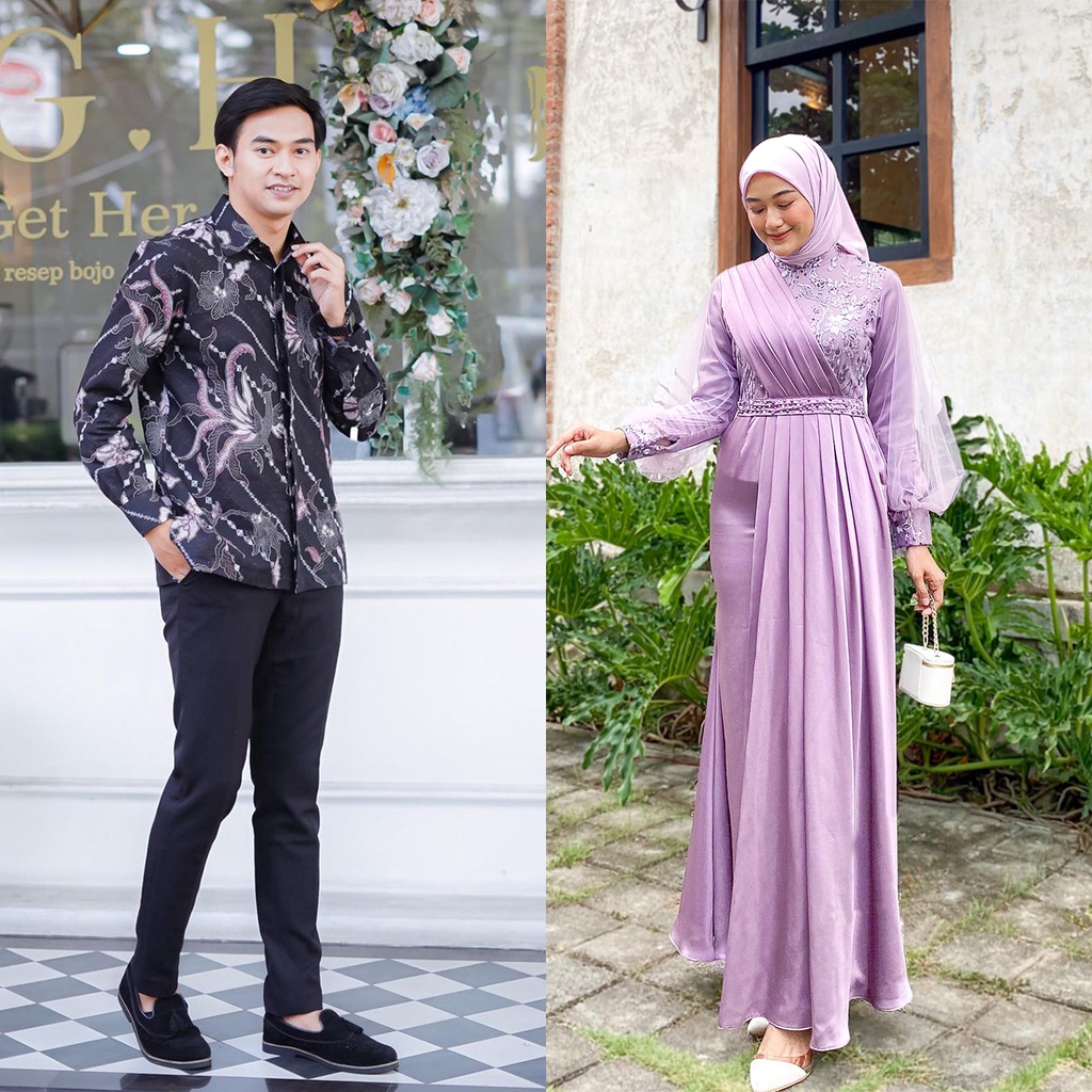 NAYAKA BATIK MELODY LILAC SERIES - Batik Couple Melody Lilac Dress Kondangan Kekinian Gamis Brukat Amara Baju Couple Lebaran Gamis dan Kemeja Batik Lengan Panjang