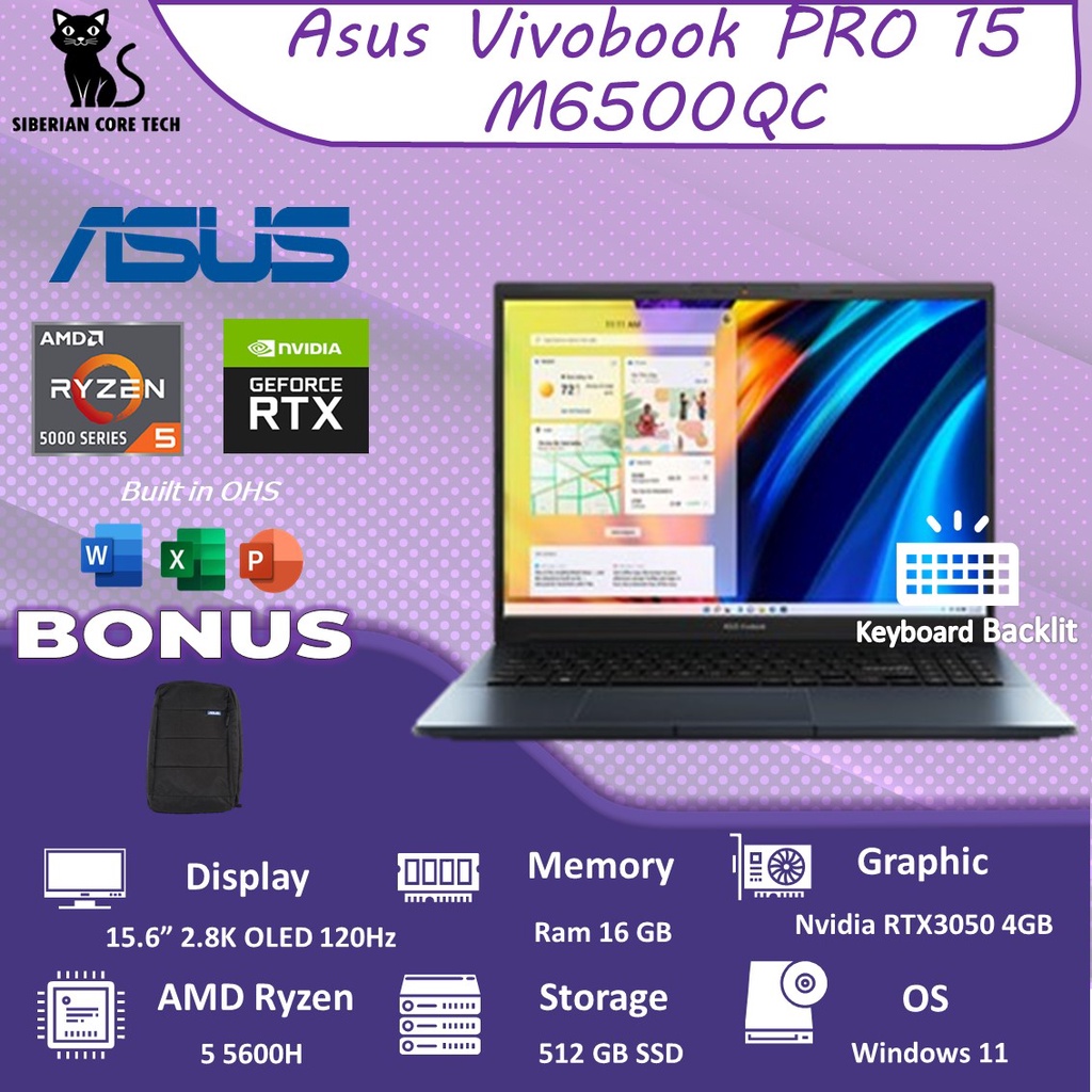 ASUS VIVOBOOK PRO 15 M6500QC OLEDS551 RTX3050 4GB/ RYZEN 5 5600H 16GB 512SSD W11+OHS 15.6 2.8K OLED 120HZ 100DCIP3 BLU