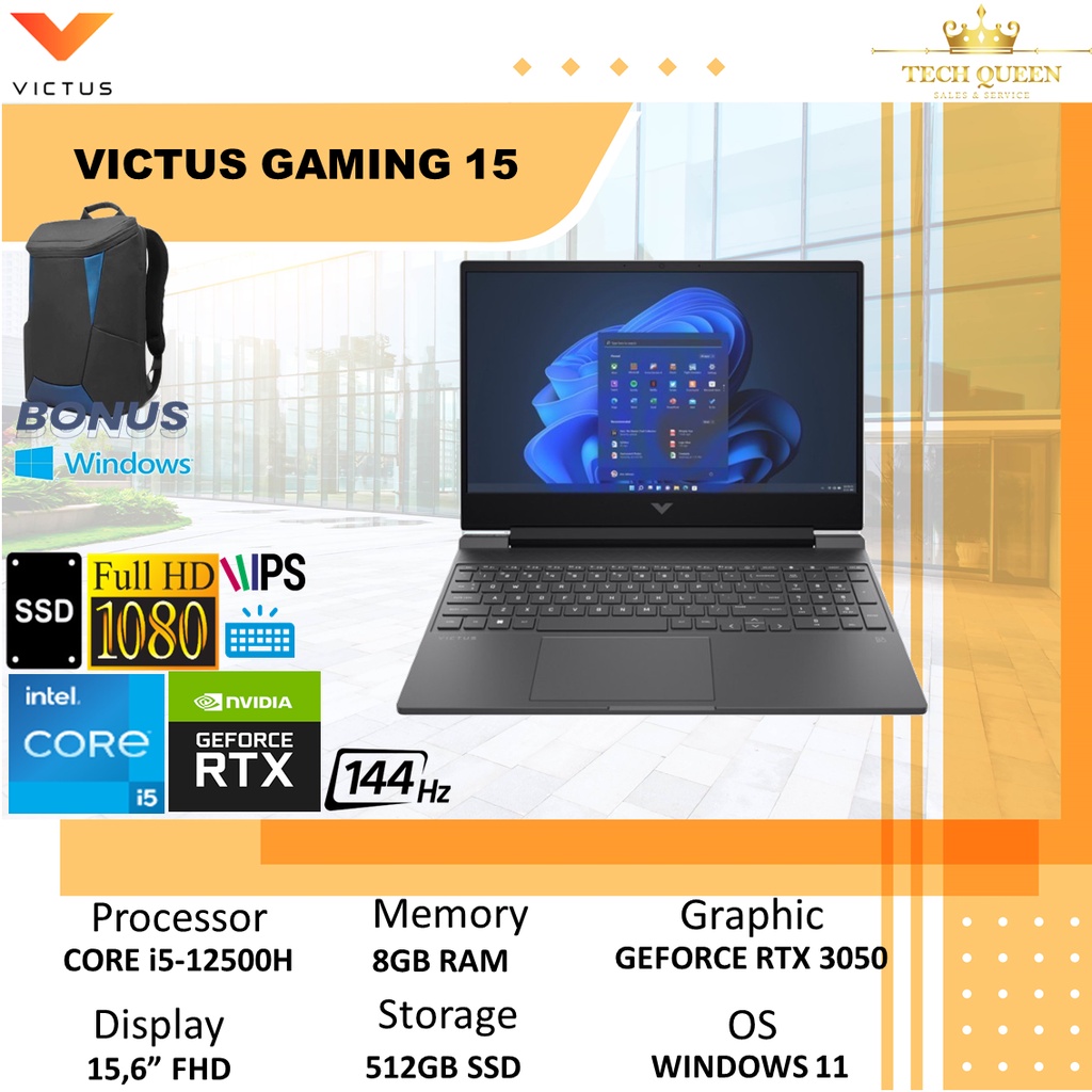 HP VICTUS GAMING 15 FA0011TX - RTX3050 4GB I5 12500H 8GB 512SSD WINDOWS 11+OHS 15.6 INCHI FHD IPS 144HZ BLIT SLV