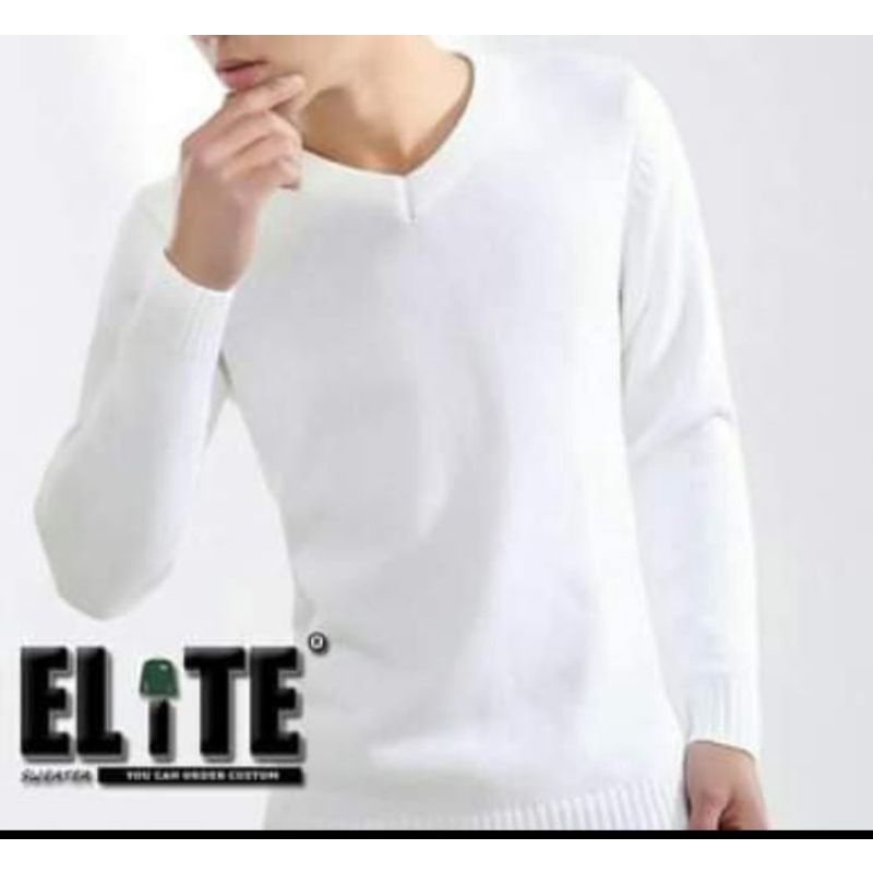 Elite Sweater pakaian sweater rajut V-neck Putih Polos atasan pria pakaian santay serba masuk kombin