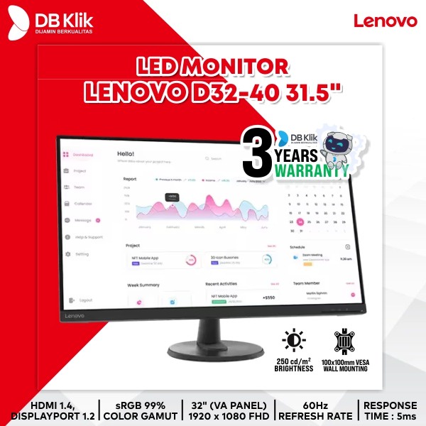 LED Monitor LENOVO D32-40 31.5&quot; 60Hz VA FHD HMDI DP - LENOVO D32 40