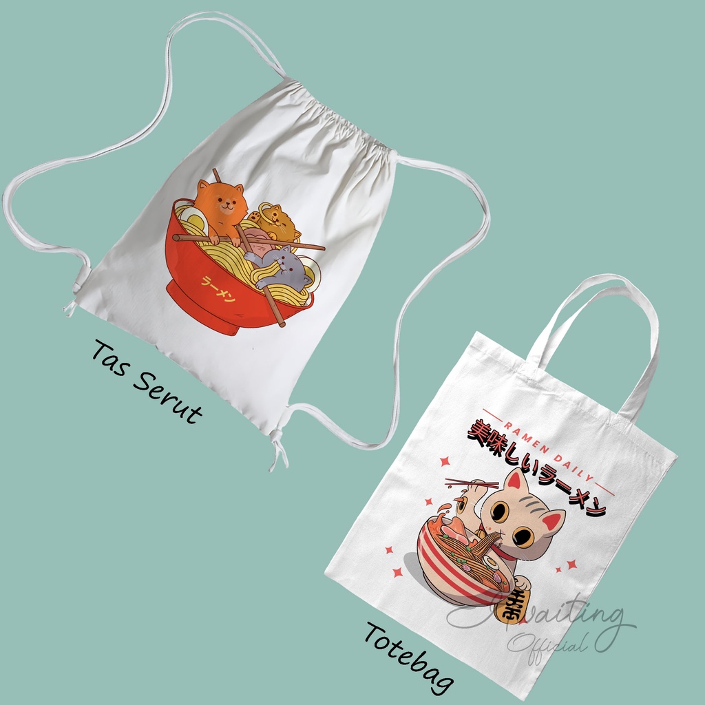 Hwaiting - Tote bag bergambar Ramen Cat Mie Kucing Tas Serut Resleting Kanvas