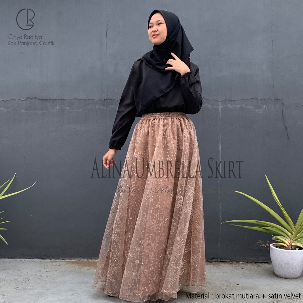 Rok Brukat Satin Payung  Kondangan Alina Umbrella Skirt Brokat Mutiara Almira Panjang 100cm Gratis Potong