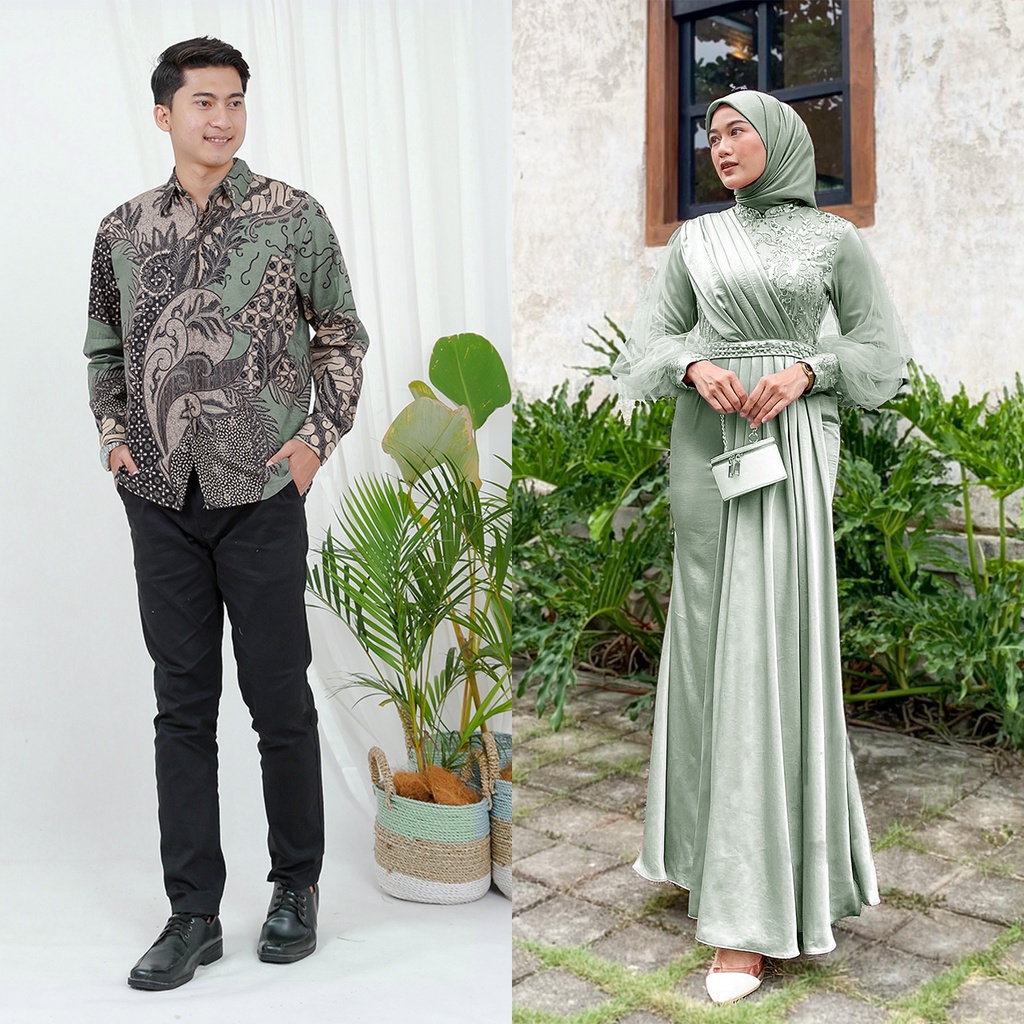 MELODY SAGE SERIES - Maxi Dress Couple Lengan Panjang - Gamis Wanita Tulle Mutiara Payet - Dress Seragam Kondangan Lebaran - Gamis Elegant Pesta Modern - Couple Batik Dress Model Terbaru