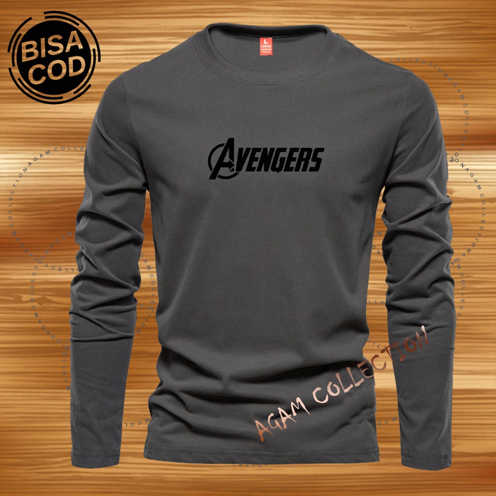 Agam Collection Baju Kaos Distro Avengers  Text Hitam Lengan Panjang Premium Quality Kaos Pria Keren Kaos Cewek/Cowok