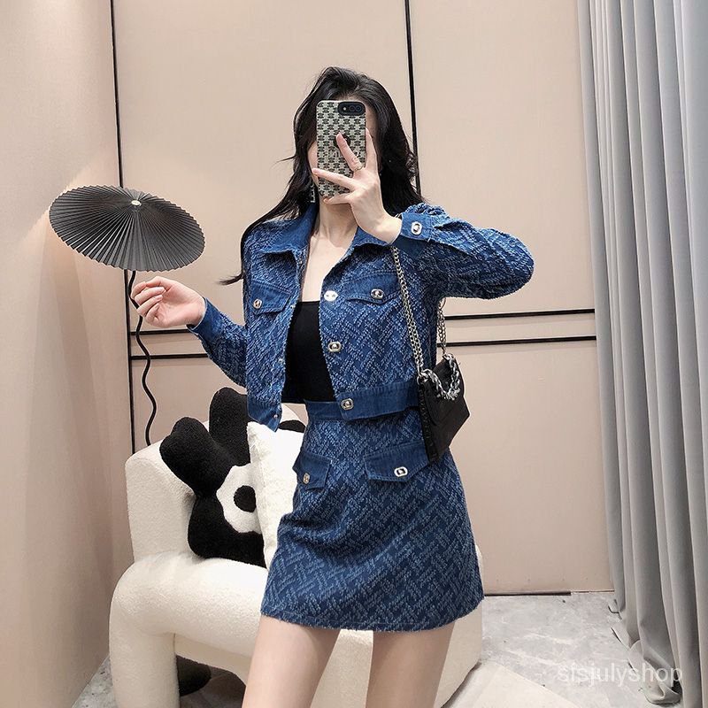 [✅BISA COD] #Sisjuly# Setelan busana denim wanita atasan jaket pendek berdada tunggal + rok pendek s