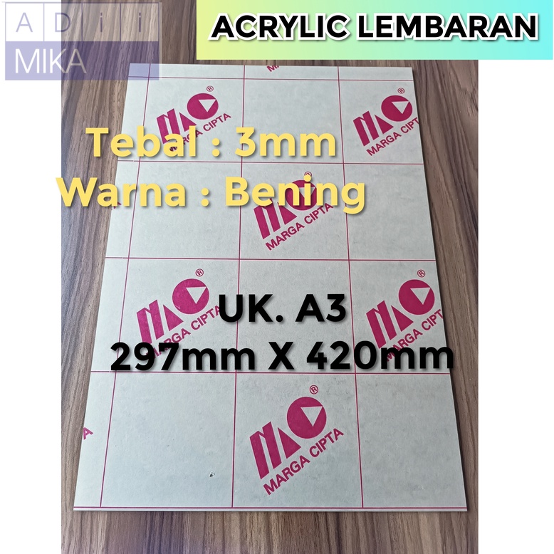 

Adiimika Acrylic / Akrilik Lembaran Marga Cipt/Polos Uk. A3 Tebal 3mm BENING