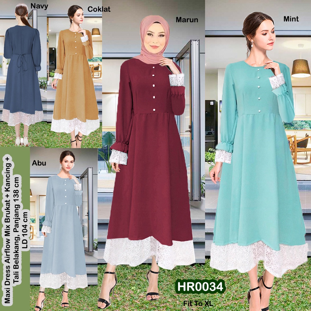 HR0034 Maxi Dress Airflow Mix Brukat + Kancing + Tali Belakang / Gamis Brukat / Gamis Airflow / Longdress Airflow / Dress Panjang