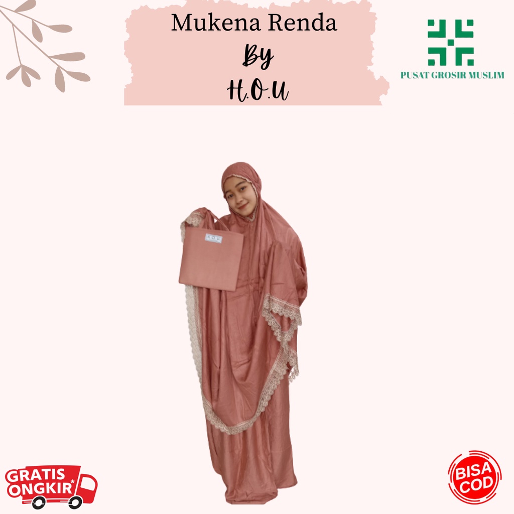 Mukena Renda Dewasa H.O.U Free Tas Mukenah Jumbo Bahan Katun Premium Bahan Adem