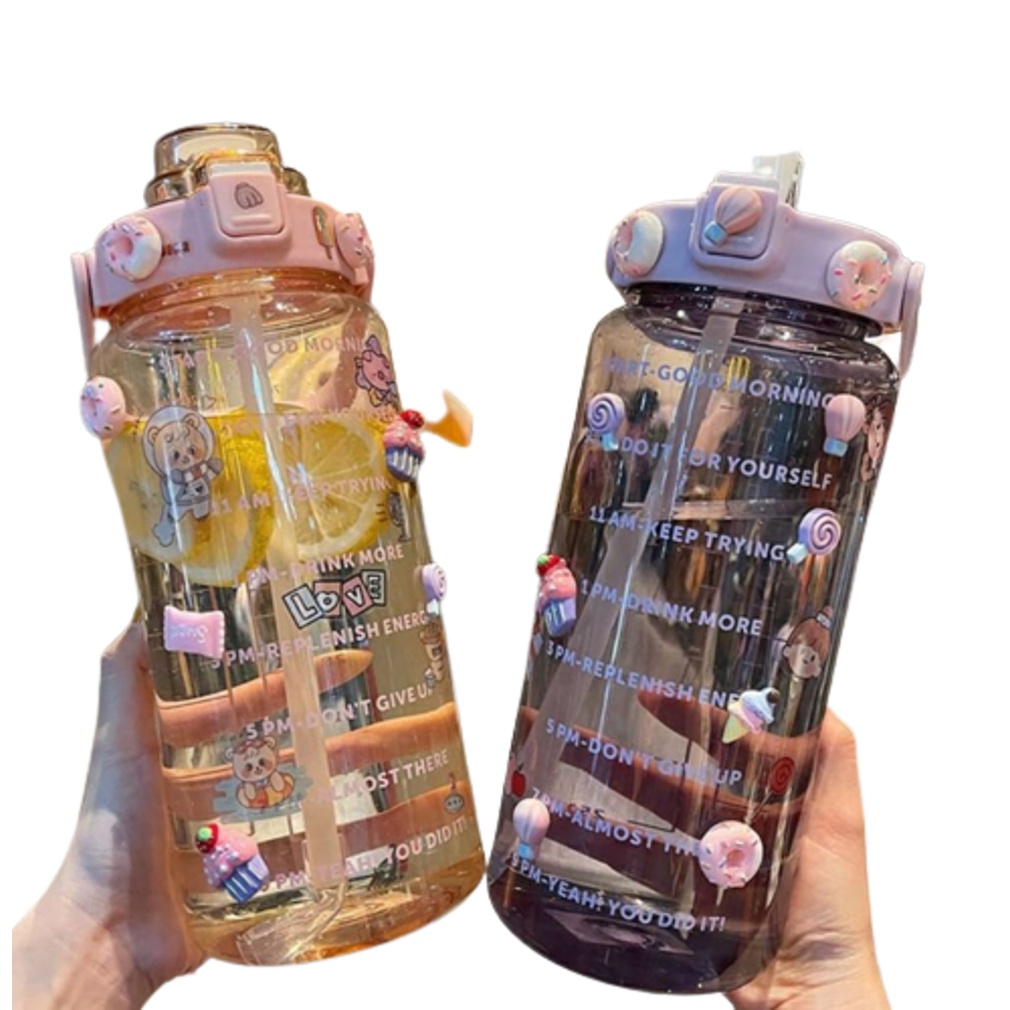 Botol Air Minum Motivasi Penanda Waktu Transparan Bening 2 Liter-Water Drink Motivation Viral+Sticker 2D&amp;3D-Botol Minum Motivasi Penanda Waktu Viral Ukuran 2 Liter Bening Transparan
