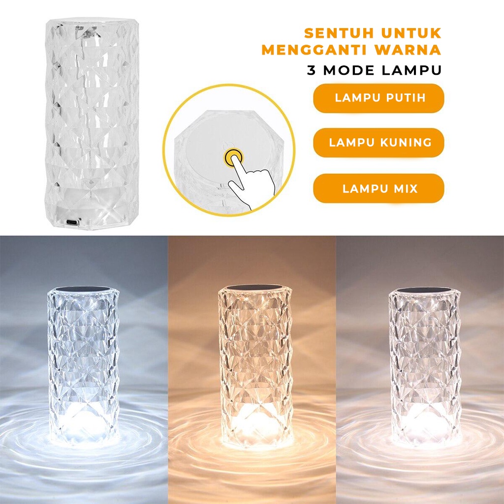 Lampu Meja Crystal Tombol Sentuh Led Aesthetic USB Charger Lampu Tidur Hias Romantic Tumblr Lamp Portable Mewah Lampu Tumbler Kristal |GROSIRXPRESS