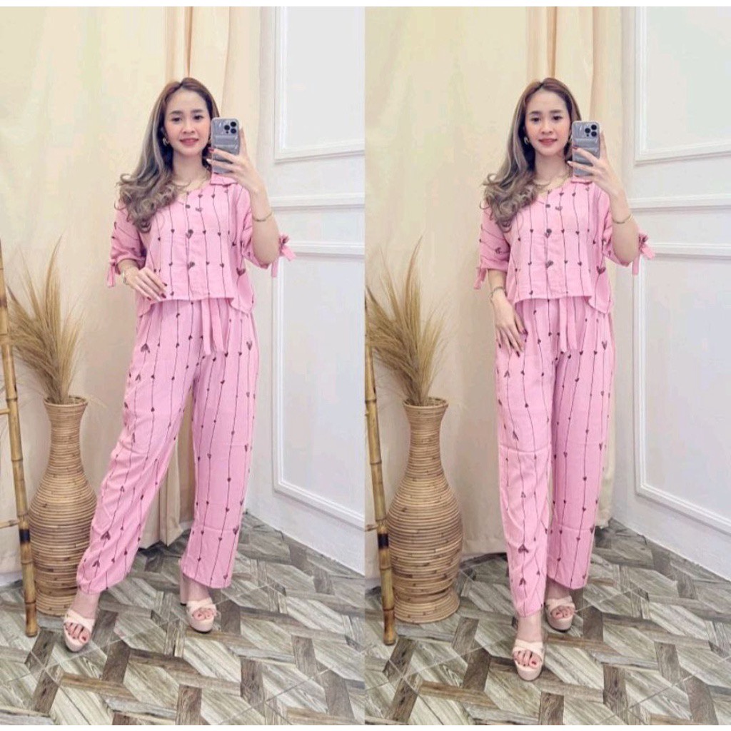 Tq88indonesia Fashion Baju Stelan Cewek Terbaru ONE SET CROP LOVE SETELAN WANITA RAYON DIAMOND Ootd