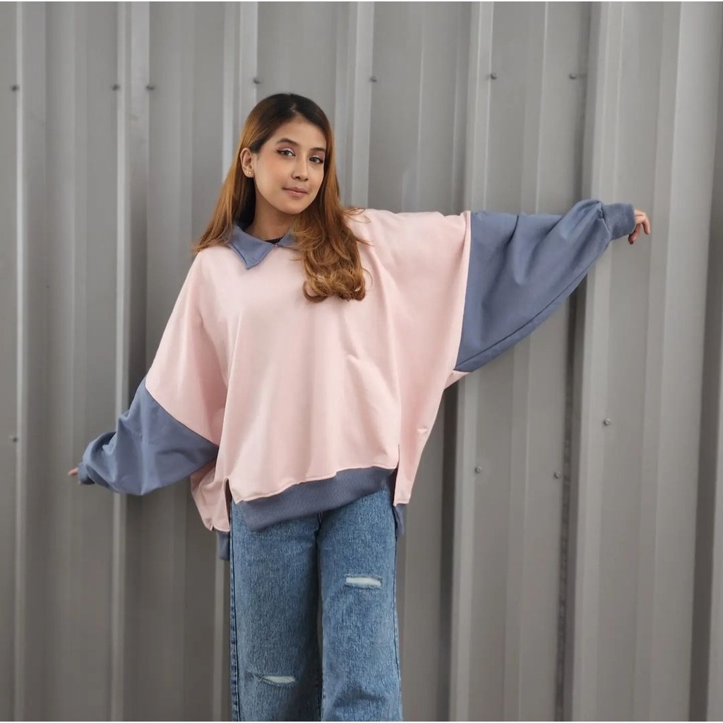 SWEATER WANITA COLAR BATWING JUMBO BLOUSE BIG SIZE ALA KOREAN FASHION TERKINI KASUAL OUTFIT