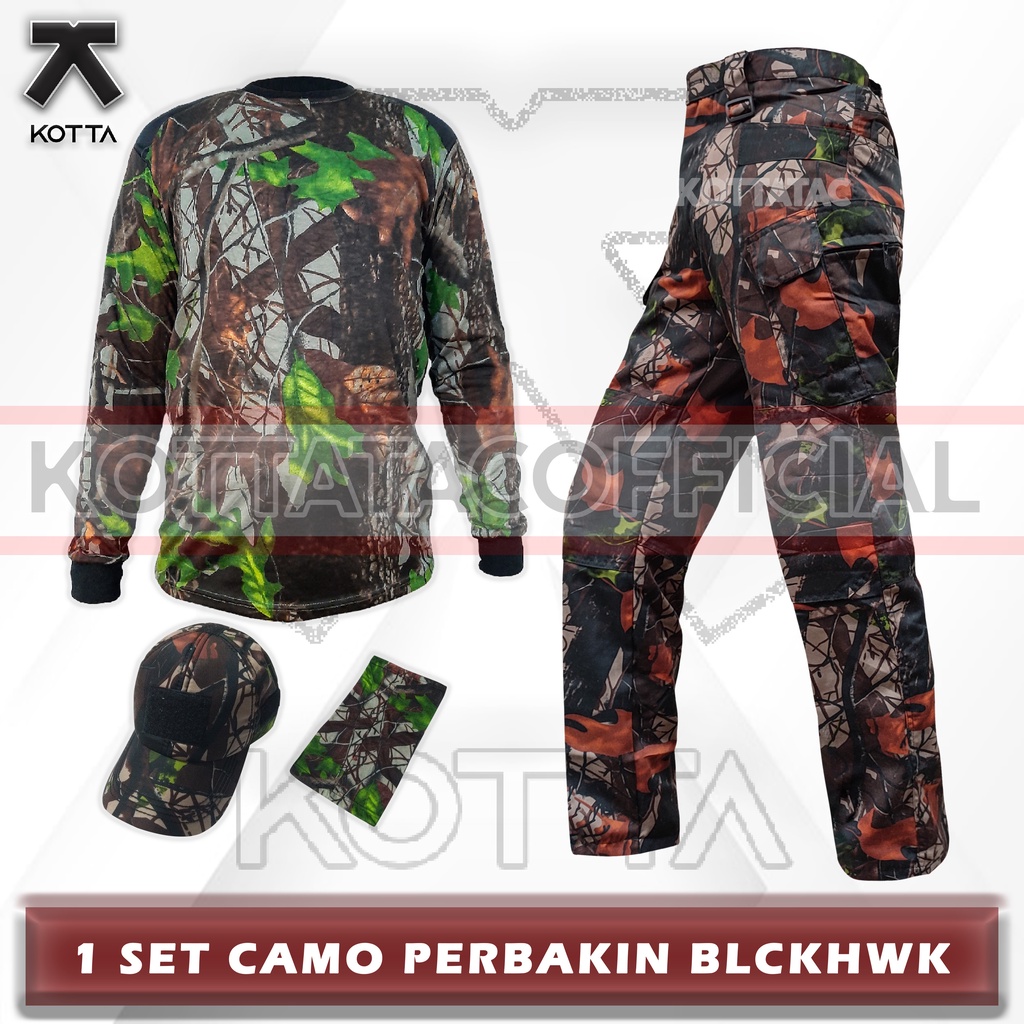 SATU SET SETELAN BAJU KAOS DECKER CELANA TOPI KAMUFLASE CAMO PERBAKIN HUNTING BERBURU DECKER