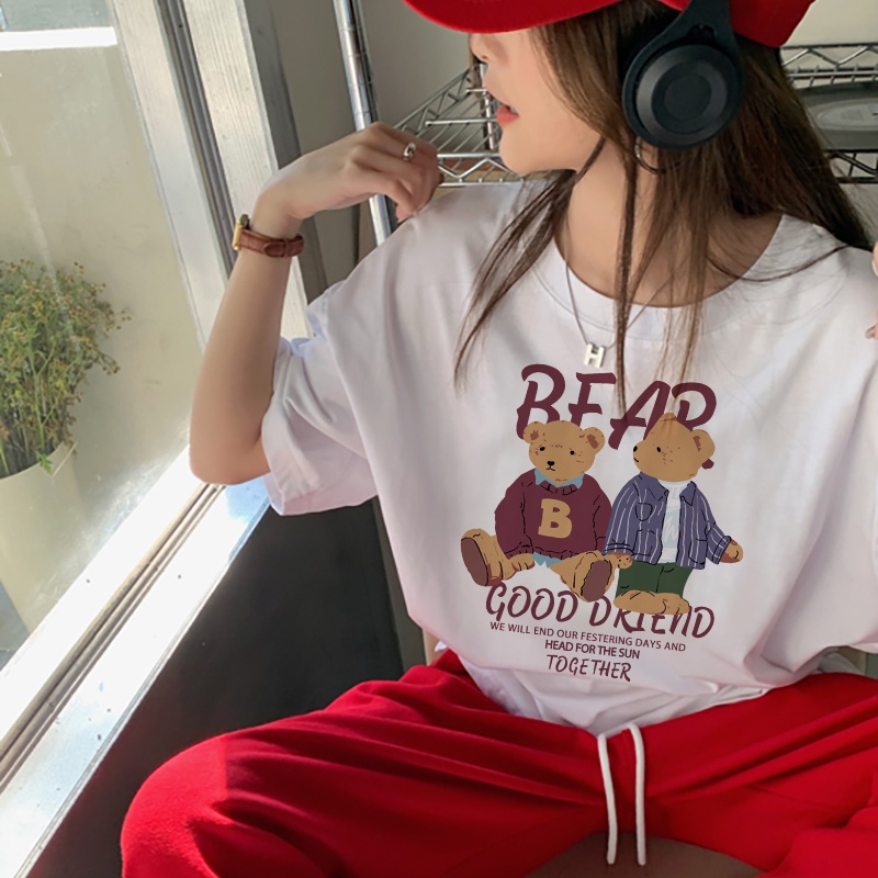 Print T-shirt Kaos Lengan Pendek Cartoon Red Bear Atasan Wanita Korean Style