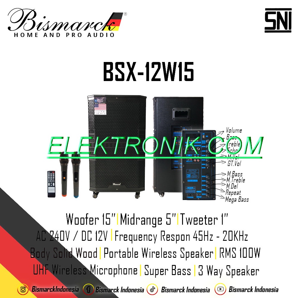 Speaker Portable Wireless BISMARCK BSX12W15 ( 15 inch ) Garansi