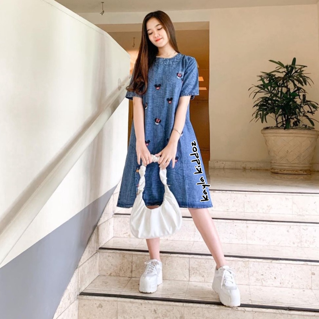 Dres Jeans Wanita Wash Motif Mickey Mouse Terbaru Kayla Kiddoz