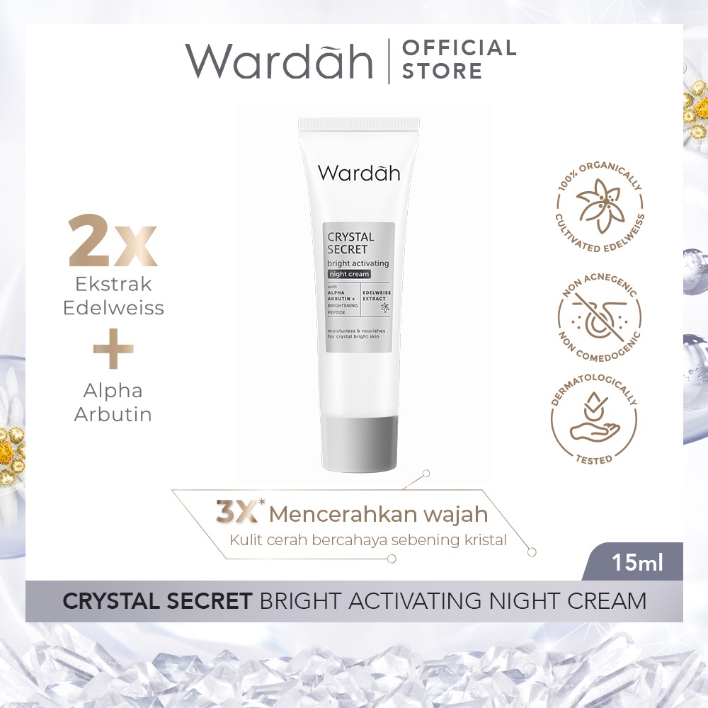 WARDAH Crystal Secret Bright Activating Night Cream Indonesia / Pelembab Wajah 9ml 15ml 30g / With Alpha Arbutin + Brightening Peptide Edelweiss Extract / Moisturizes &amp; Nourishes For Crystal Bright Skin / Skincare Face Care Series / Pagi Malam Day Krim