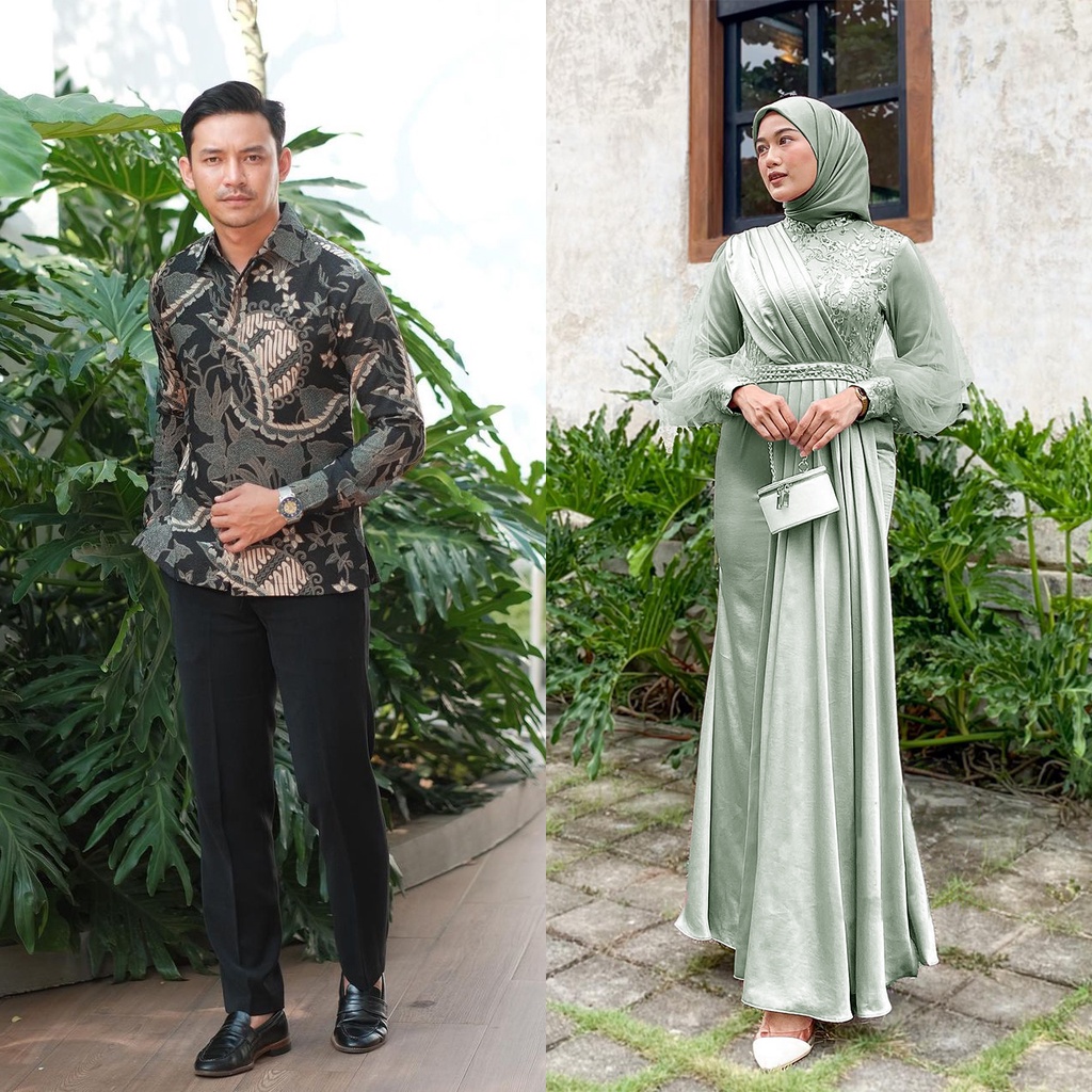 [SPESIAL LEBARAN] GAMIS MODERN MELODY SAGE SERIES - Couple Maxi Dress Brukat Mutiara Payet dan Kemeja Lengan Panjang M L XL - Couple Terbaru Lamaran Kondangan Wisuda Lebaran Syari - Ready Banyak Motif Batik - Dress Couple Kekinian dan Terupdate