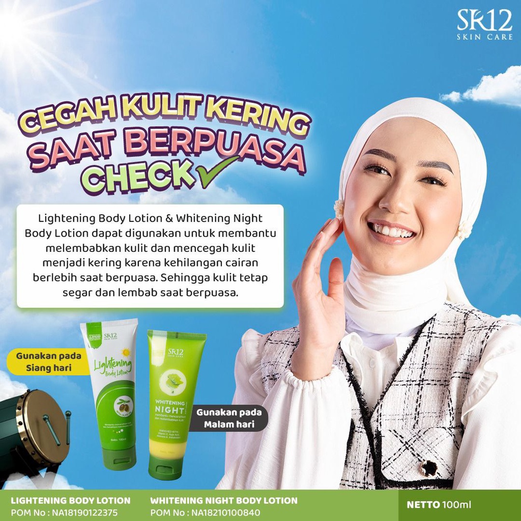 WHITENING NIGHT BODY LOTION SR12 / MENCERAHKAN KULIT &amp; MELEMBABKAN KULIT TUBUH / LOTION PENCERAH BPOM