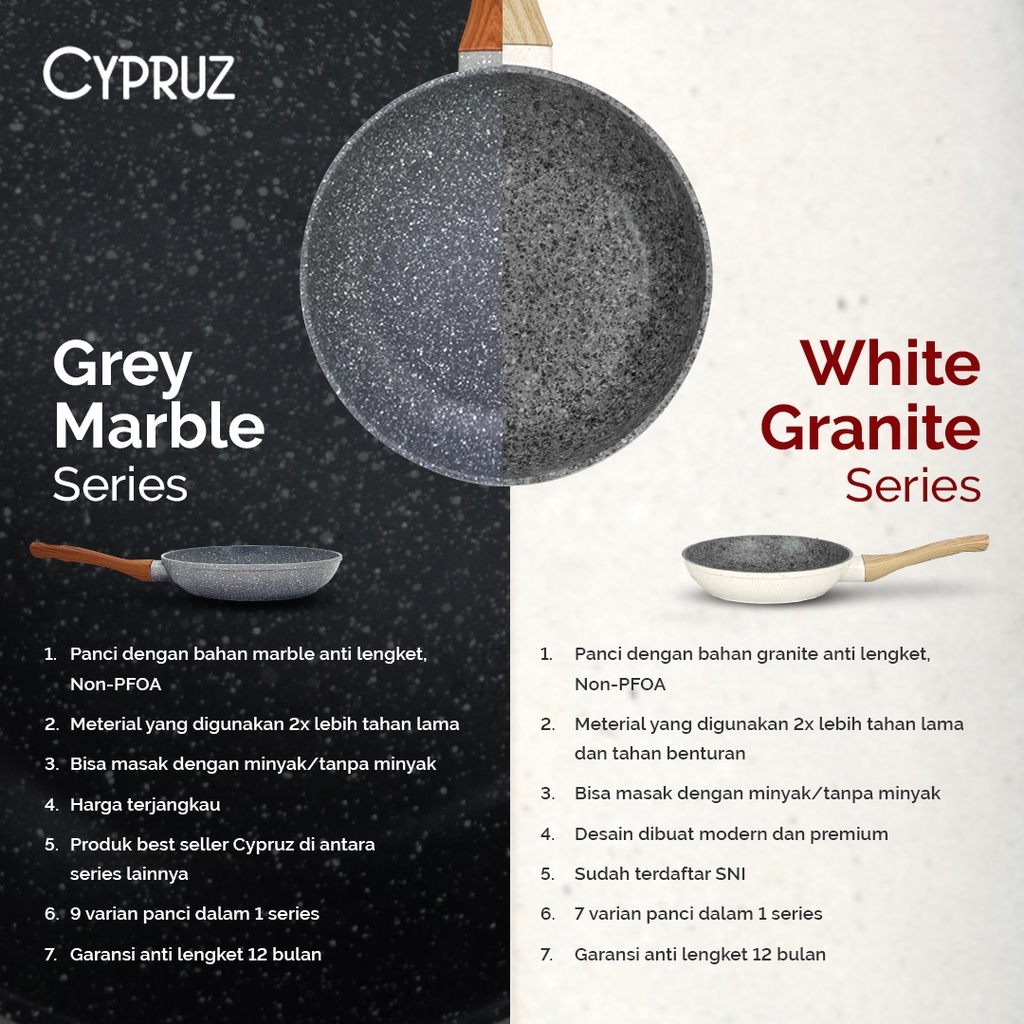 Cypruz White Granite Wok Pan / Kuali Tebal Anti Lengket + Tutup