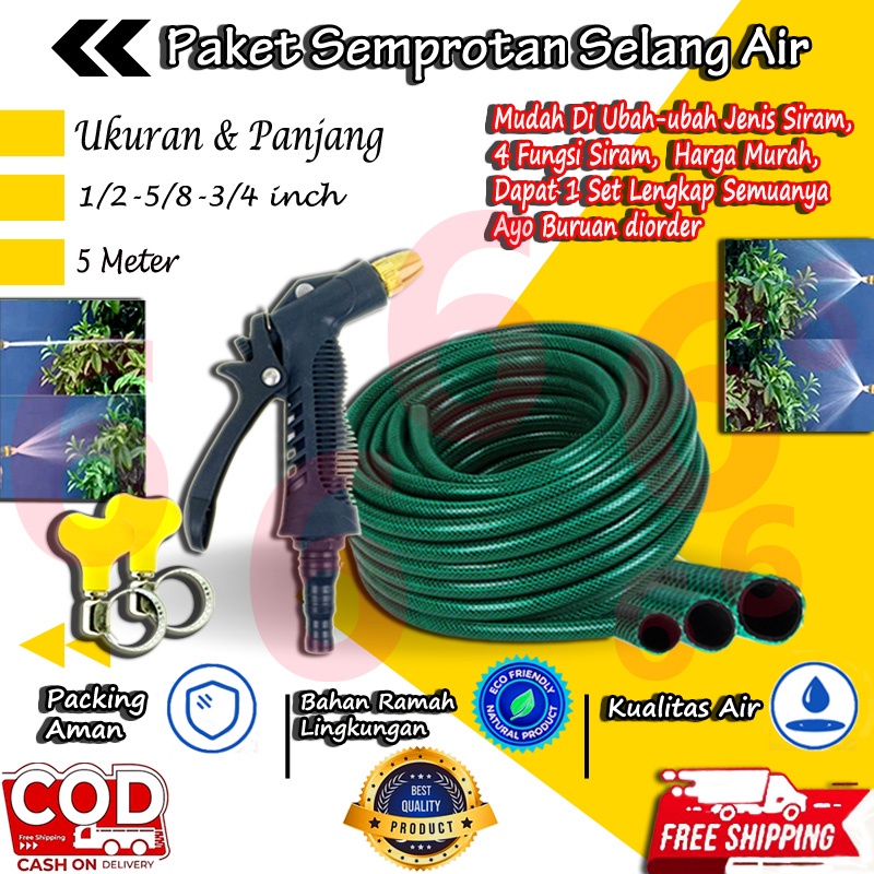 PROMO SEPAKET KEPALA SEMPROTAN SELANG AIR 1/2 5/8 3/4 INCH HIJAU ANTI LUMUT 1 ROL 5 METER TEBAL JET SPRAY TAMAN PERKEBUNAN MURAH