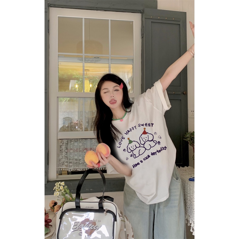 EUNII T-shirt Lengan Pendek Cartoon Birthday Dog Korean Style/Kaos Atasan Wanita/Baju Kaus Oversize Wanita/Kaos Wanita