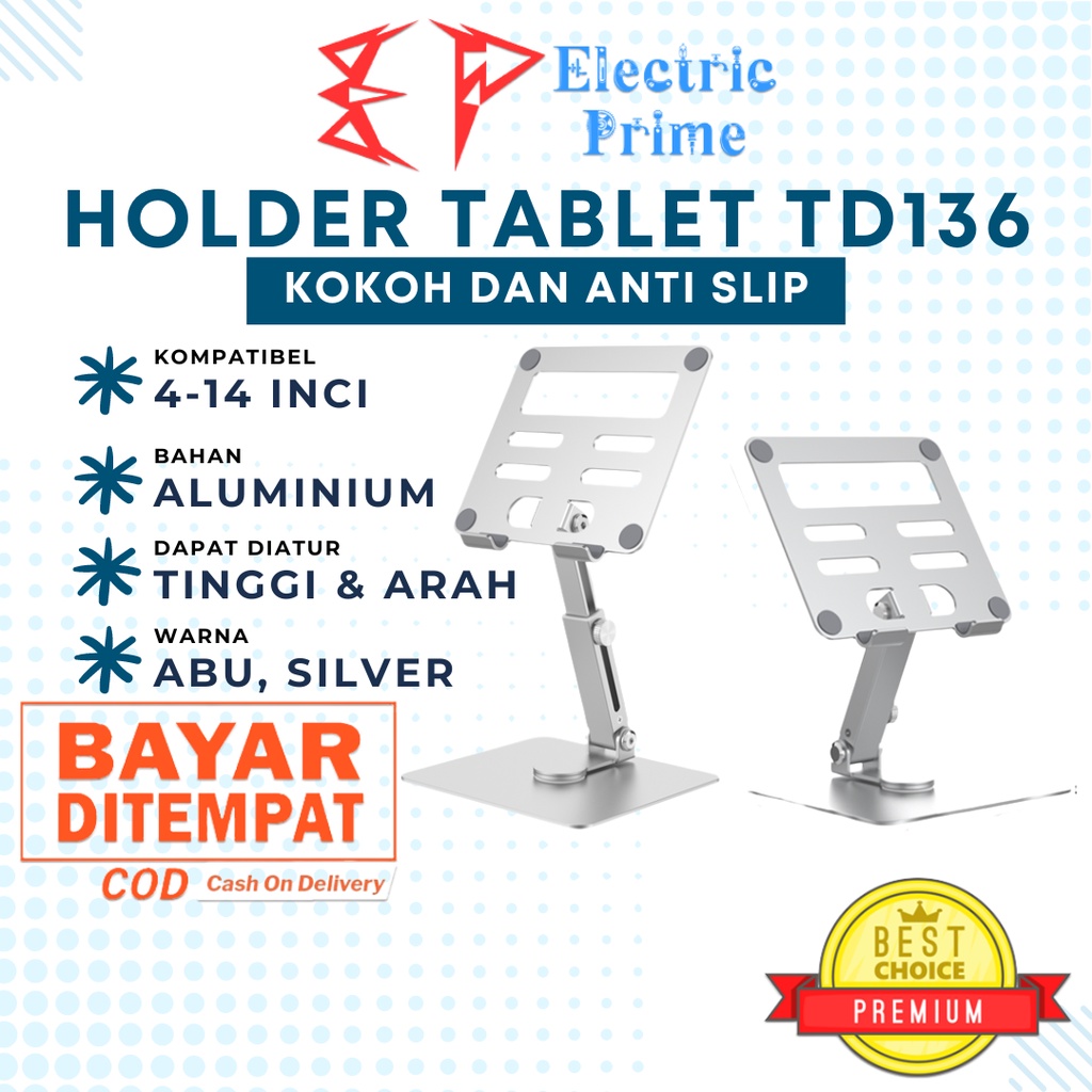 Stand iPad Holder Tablet Aluminium TRIPLEDI TD136 Dudukan Tab Desktop Standing Height Adjustable Folding Rotasi 360 Derajat Lipat POS Meja Kasir