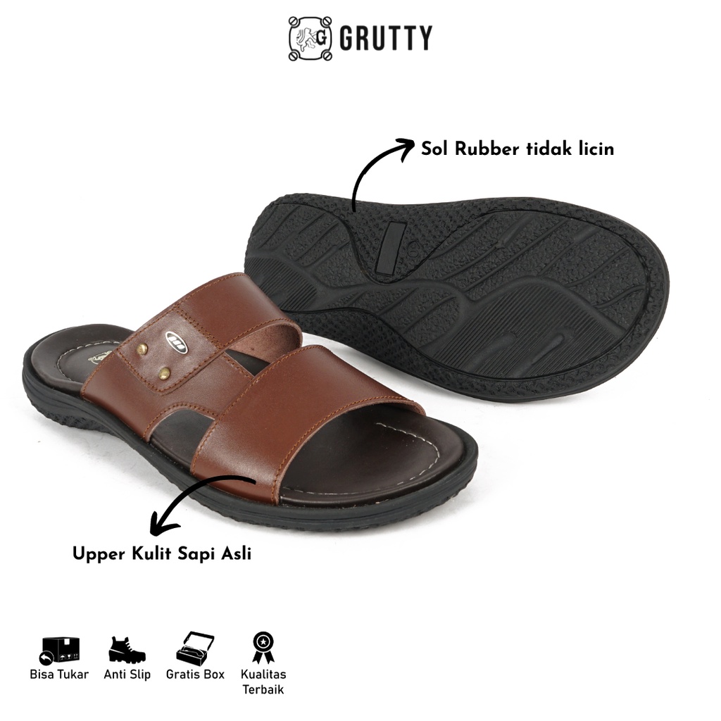 GRUTTY Sandal Pria Sendal Slide Kulit Asli Coklat 232