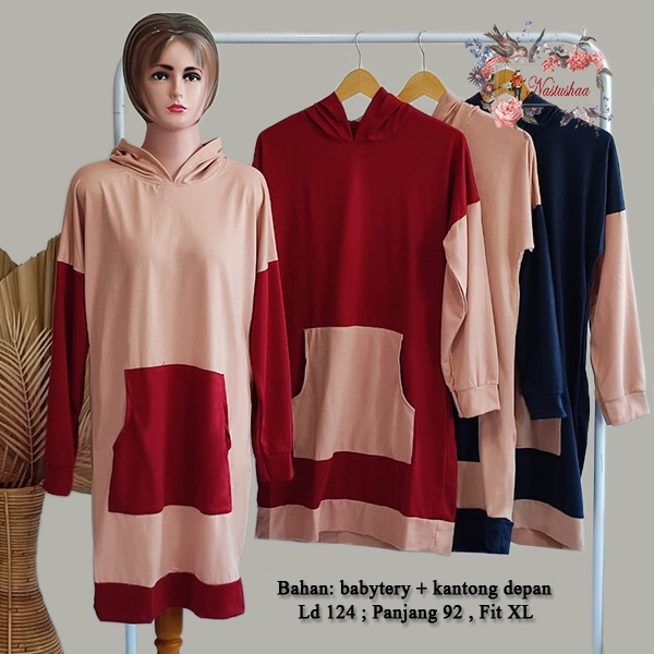 Tunik Oversize Wanita Lengan Panjang Hoodie Polos Bahan Babyterry Tunik Kaos Kombinasi 2 Warna Topi Kupluk Jumbo Atasan Wanita Saku Depan