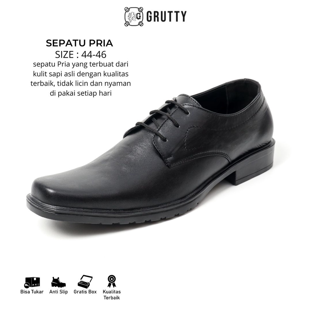 Sepatu Pria Formal Pantofel Formal PDH Kerja model tali Khusus Ukuran Besar Big Size  Grutty DC016 Hitam