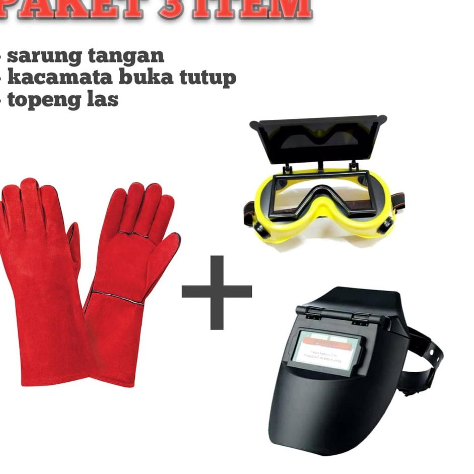 ☆GtI PAKET HEMAT 3 item Sarung Tangan Las Kulit Merah + TOPENG Kedok Helm Las Auto Dark Otomatis Gel