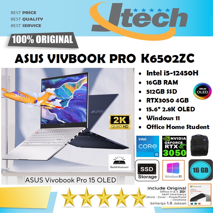 ASUS VIVOBOOK PRO 15 OLED K6502ZC - i5-12450H - 16GB - 512GB SSD - RTX3050 4GB - 15.6&quot;2.8K OLED 120Hz - WIN11 - OHS