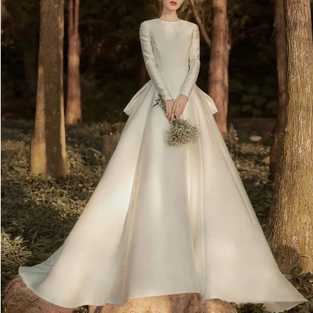 Gaun Pengantin Vintage Satin Lengan Panjang Muslim Gaun Pengantin