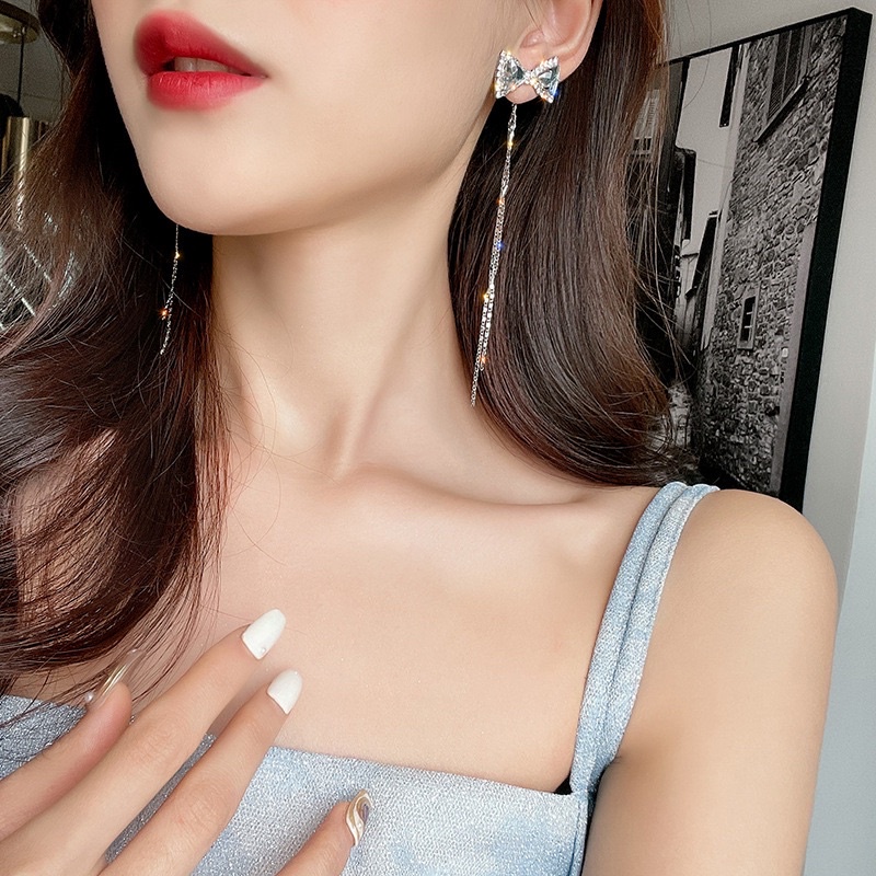 Anting E382 Kiel Rumbai Imitasi Mutiara Panjang Menjuntai Anting Elegan Berlian Imitasi Perhiasan Subang