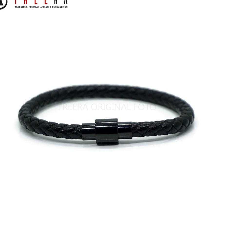 ♞ Treera - Gelang Kulit Pria Hitam Magnetic Lock Emas Hitam Original ➨