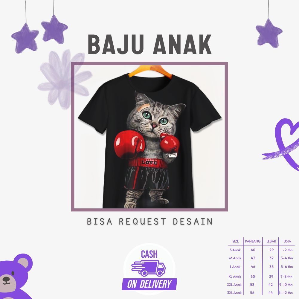 Kaos 3D Anak | Baju Printing | Kaos 3D - Baju Gambar Binatang / Hewan Kucing Fighting Lucu Cat Lover