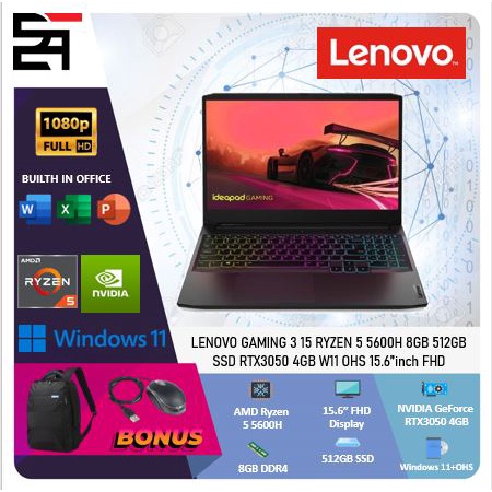 Lenovo Gaming 3 15 RTX3050-4GB Ryzen 5 5600H 16GB 512GB SSD W11+OHS 15.6 Inchi FHD 165Hz