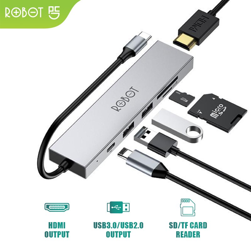 ADAPTOR USB HUB 5 IN 1 USB C ROBOT HT 240S