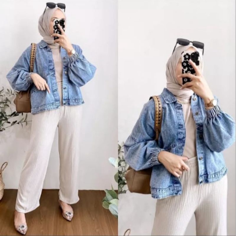 VINTAGE OVERSIZE JACKET JEANS OVERSIZE WANITA KEKINIAN JAKET DENIM OVERSIZE LENGAN KARET BALON VINTAGE CROP JEANS JUMBO CEWEK TERBARU TERLARIS VINTAGE OVERSIZE JACKET