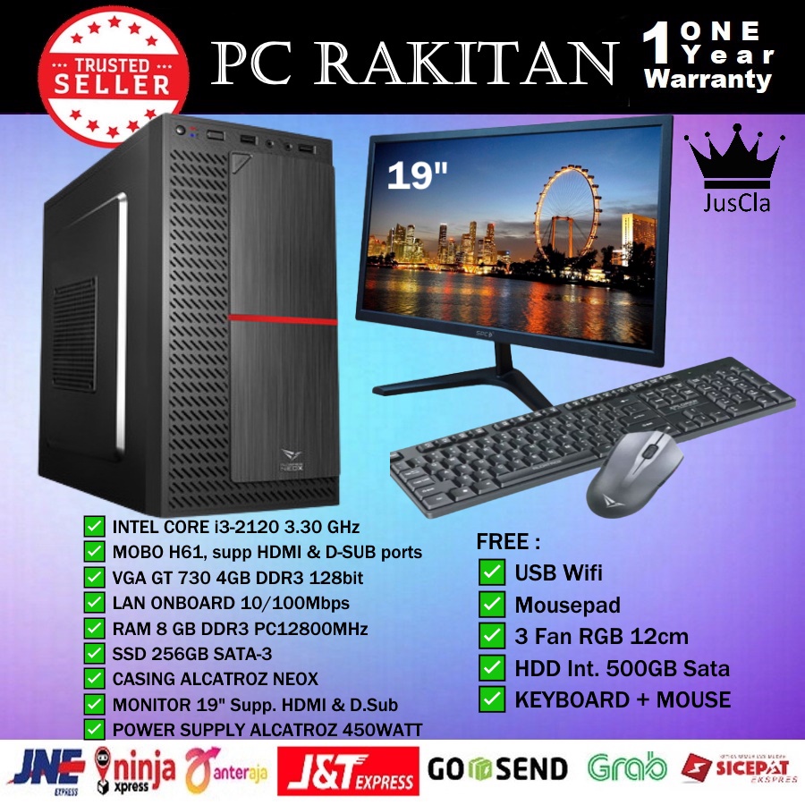 MONITOR 19&quot; + PC KOMPUTER CORE i3 2120 3,3GHz|DDR3 8GB|VGA GT730 4GB|SSD 256GB|HDD 500GB|KEY+MOUSE|USB WIFI